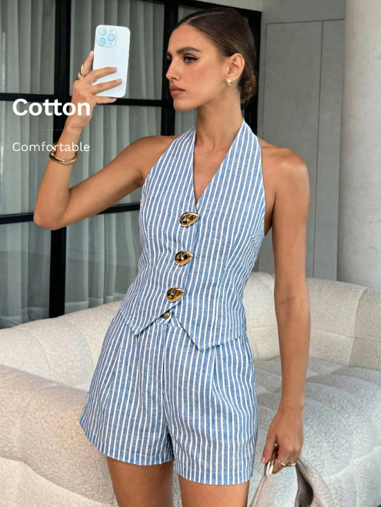 Women's Clothing Women's Summer V Neck Halter Neck Backless Sleeveless Vest And Shorts Set Metal Buckle For Formal & Casual For Women_ecoleips.com