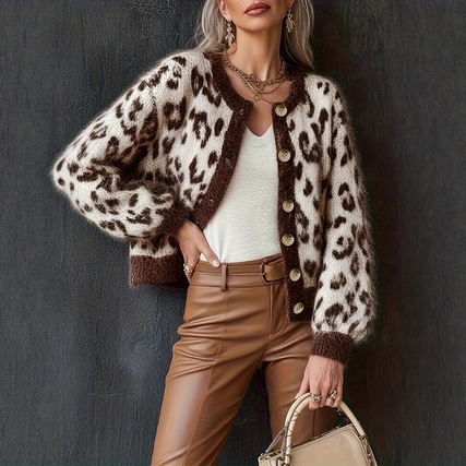 Autumn and Winter New Hot-Selling Cross-Border Casual Fashion Niche Retro Leopard Print Contrasting Jacquard Sweater Korean Style Knitted Cardigan
