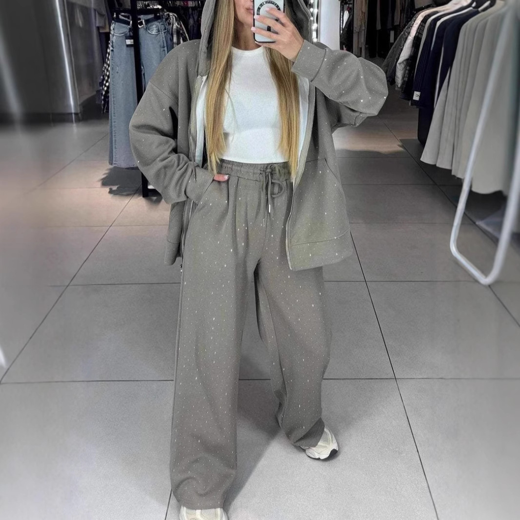 Damenbekleidung Sportanzüge Herbst und Winter mit Reißverschluss Lazy Style Lässiges Kapuzenpullover mit Rauten-Hose mit weitem Bein Zweiteiliger Anzug_voghion.com