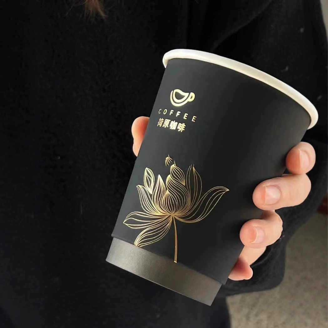 Коммерческий одноразовый черный бумажный стакан 10oz с двойным слоем, бархатная ткань, золотой чай/кофе стакан с молоком