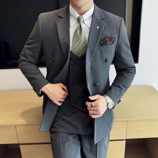 Cross-Border Foreign Trade Quality Autumn Men's Suit Three-Piece Suit with Flat Lapel Double-Row Buttoned Suit Formal Suit