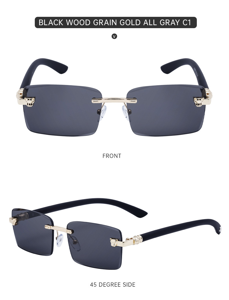 2024 Neue europäische und amerikanische rahmenlose Retro-Sonnenbrille für Herren mit Spiegelbeinen aus Holzmaserung und Sonnenbrille für Herren_voghion.com