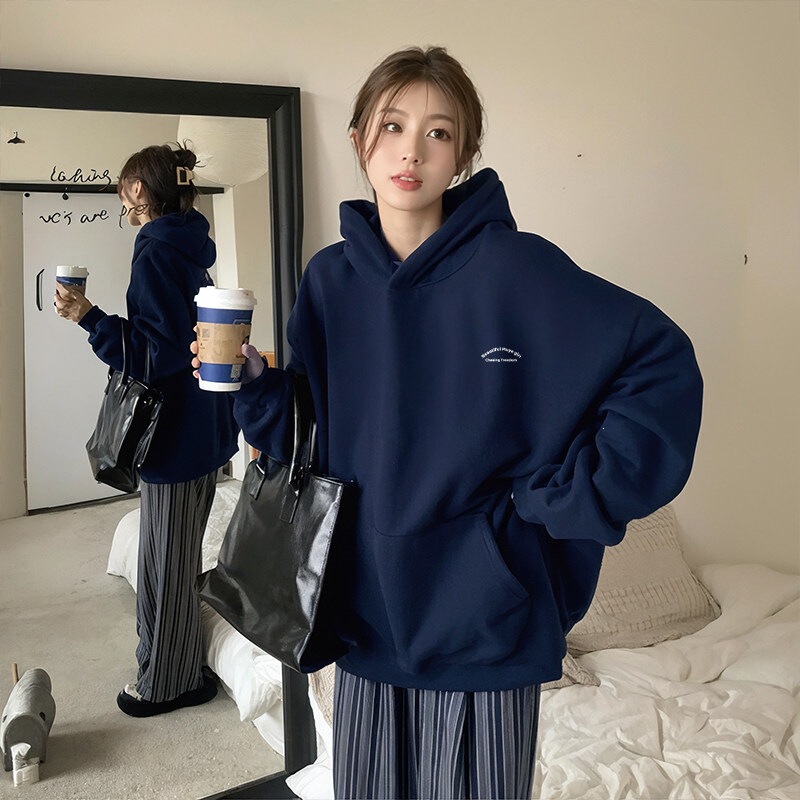 Navy blue hooded sweatshirt for women, autumn and winter, fleece-lined, thickened, casual style, 2026 new popular model, early autumn thin top Navy blue hooded sweatshirt for women, autumn and winter, fleece-lined, thickened, casual style, 2026 new popular model, early autumn thin top