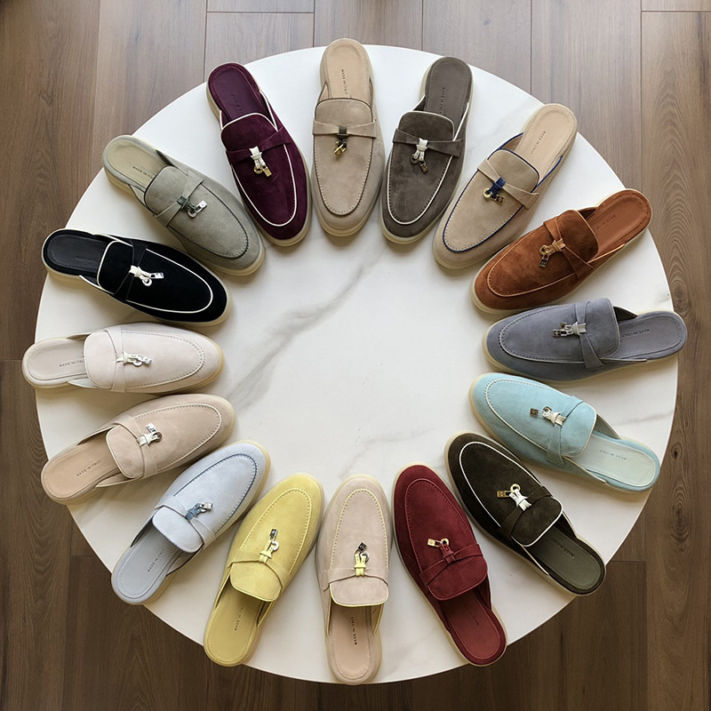 European and American Foreign Trade Baotou Half-tow Women's LP Anti-velvet Outer Wearing Genuine Leather Flat-bottom Lazy One-pedal Lefu Muller Slippers