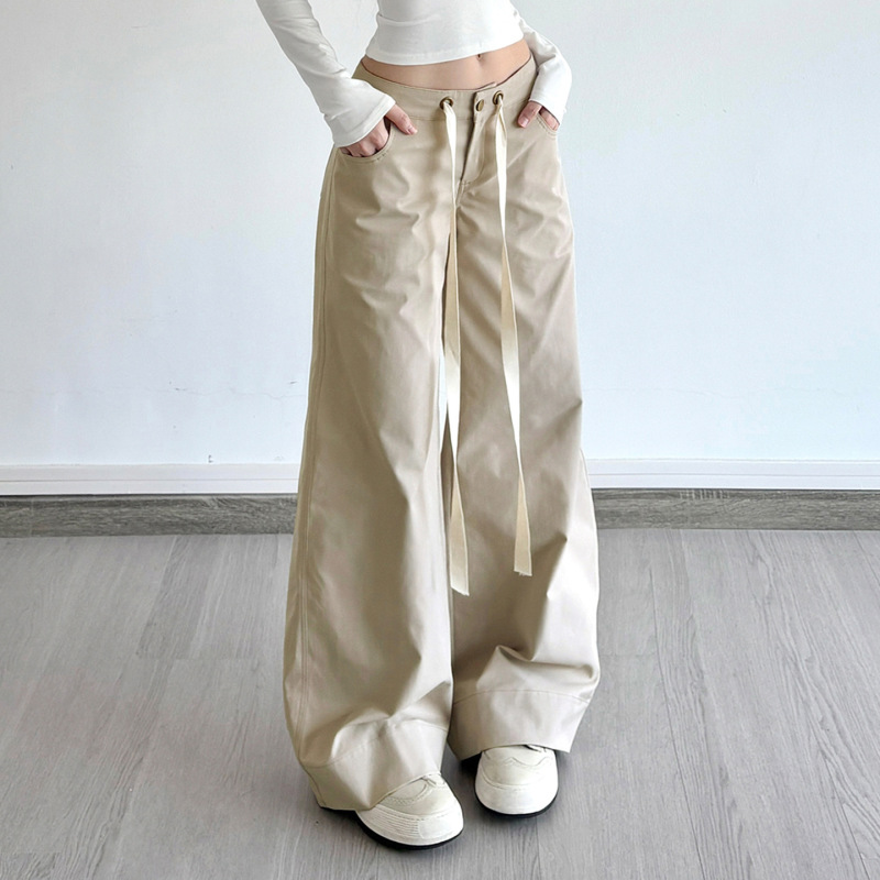 美式街头口袋拼接辣妹工装裤女秋冬新品宽松休闲慵懒阔腿系带长裤|undefined