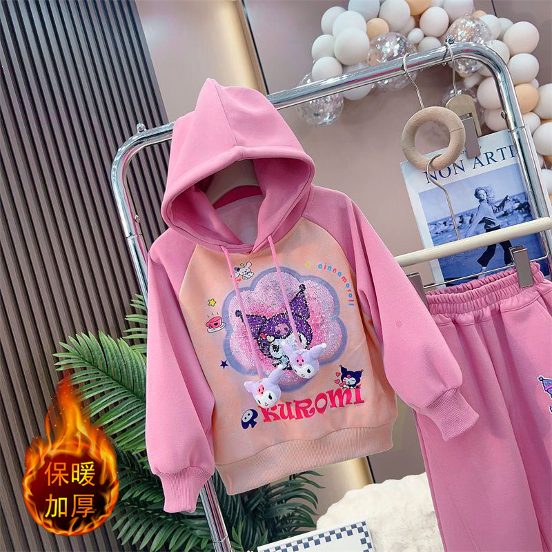 소녀의 가을과 겨울 기모 중년 어린이 및 어린이 인터넷을위한 서양식 세트 유행하는  소녀의 투피스 쿨로 미 땀 세트를 축하합니다.