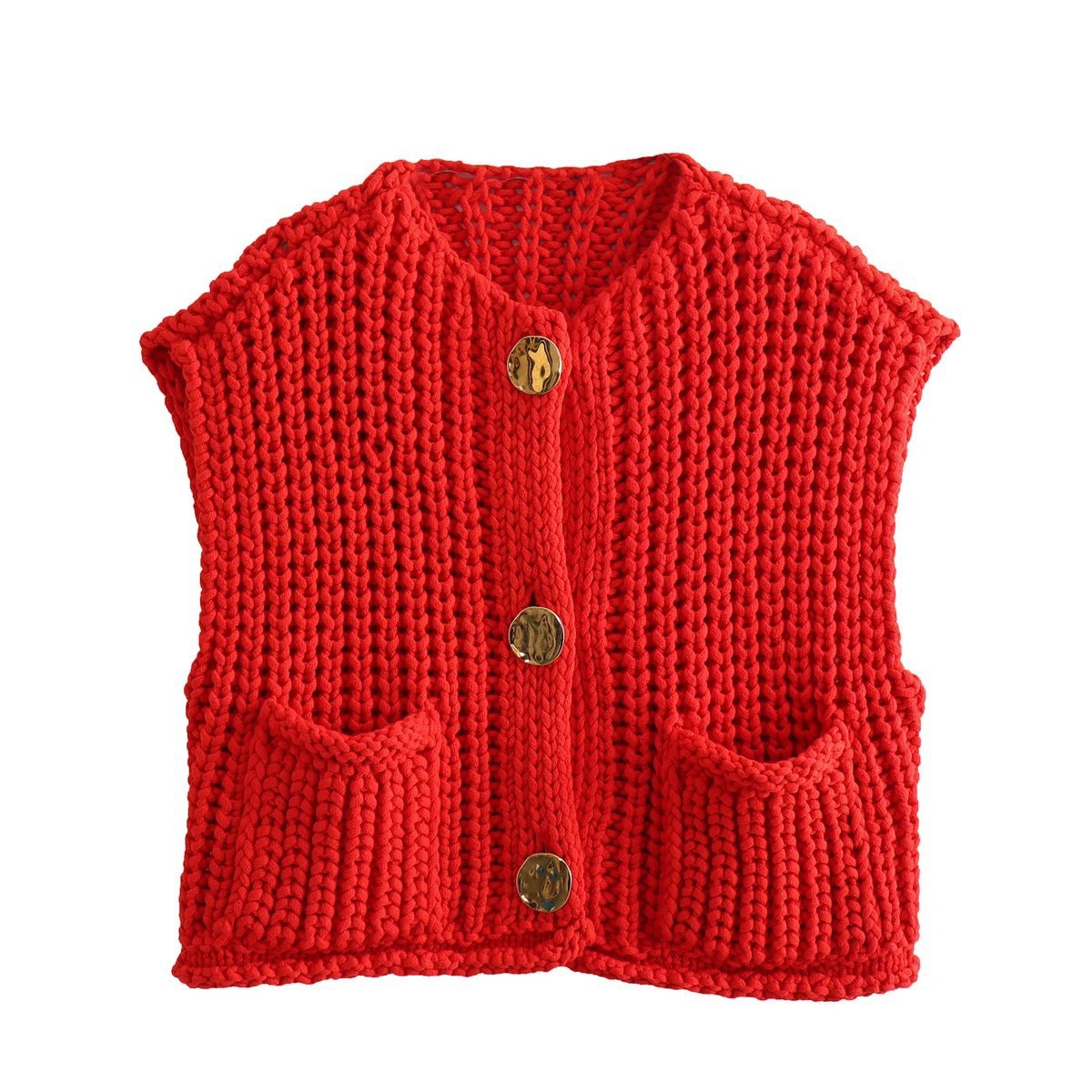 Venta rápida explosión de otoño y invierno 2024 nueva ropa de mujer bolsillo de estilo europeo y americano sin mangas chaleco de punto corto cardigans chaleco