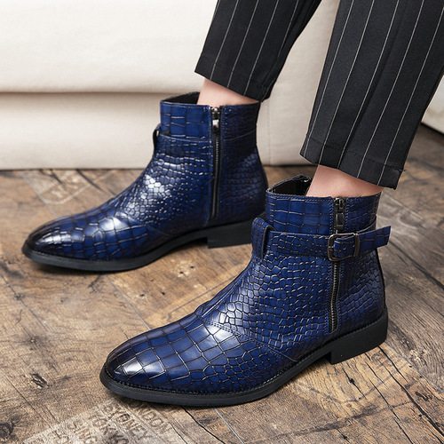 Large size pointed-toe men's autumn/winter leather boots with crocodile pattern short boots trendy leather shoes
