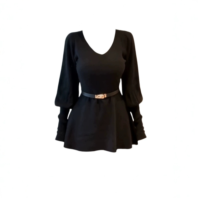 [with Belt] Small Size 80-115, Large Size 116-185, Slightly Plus-Size, Pure Desire Style, Half-High Collar, Lantern Sleeves, V-Neck
