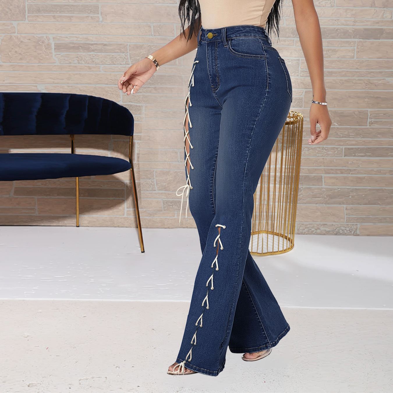 High Waist Creative Bandage Bootcut Jeans NSWL116472