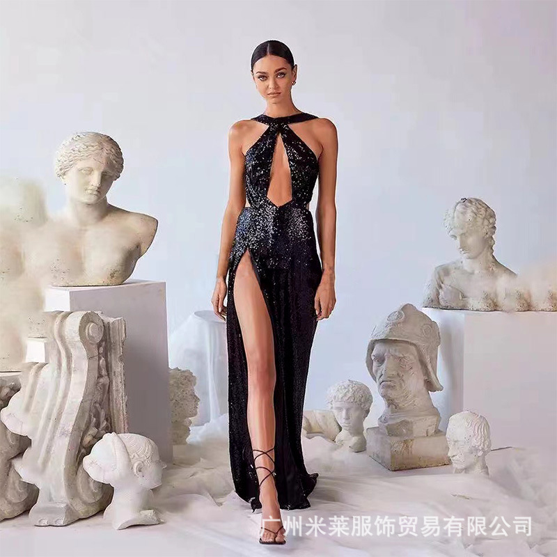 2025 Cross-Border Spring and Summer Sexy Party Sequin Irregular Elegant Evening Dress for Women Amazon Halter Dress