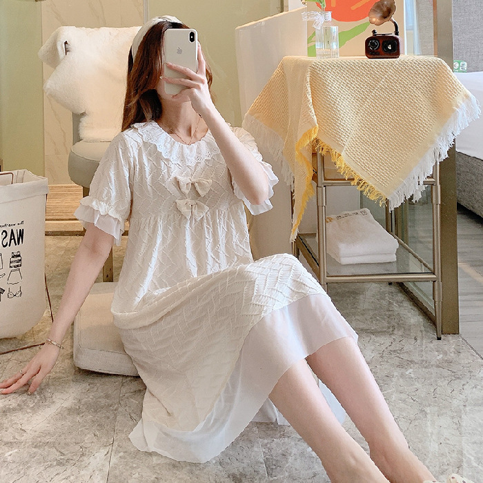 Verano mujeres camisón de encaje solapa encaje lindo estudiante jacquard dulce princesa estilo desgaste del hogar