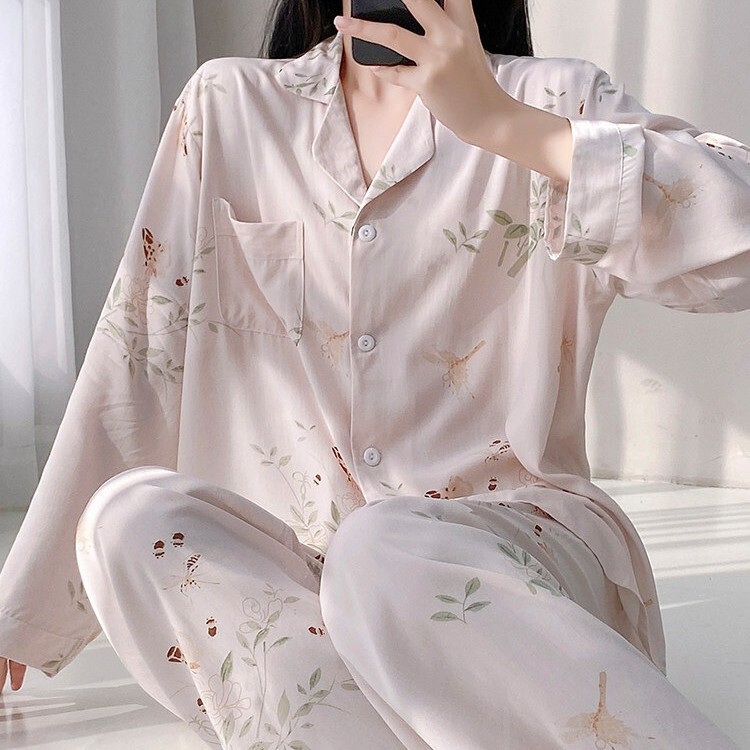 Long-Sleeved Cotton Silk Pajamas for Women, Summer Thin Two-Piece Set, Cardigan Cotton Silk Home Wear for Middle-Aged and Elderly People