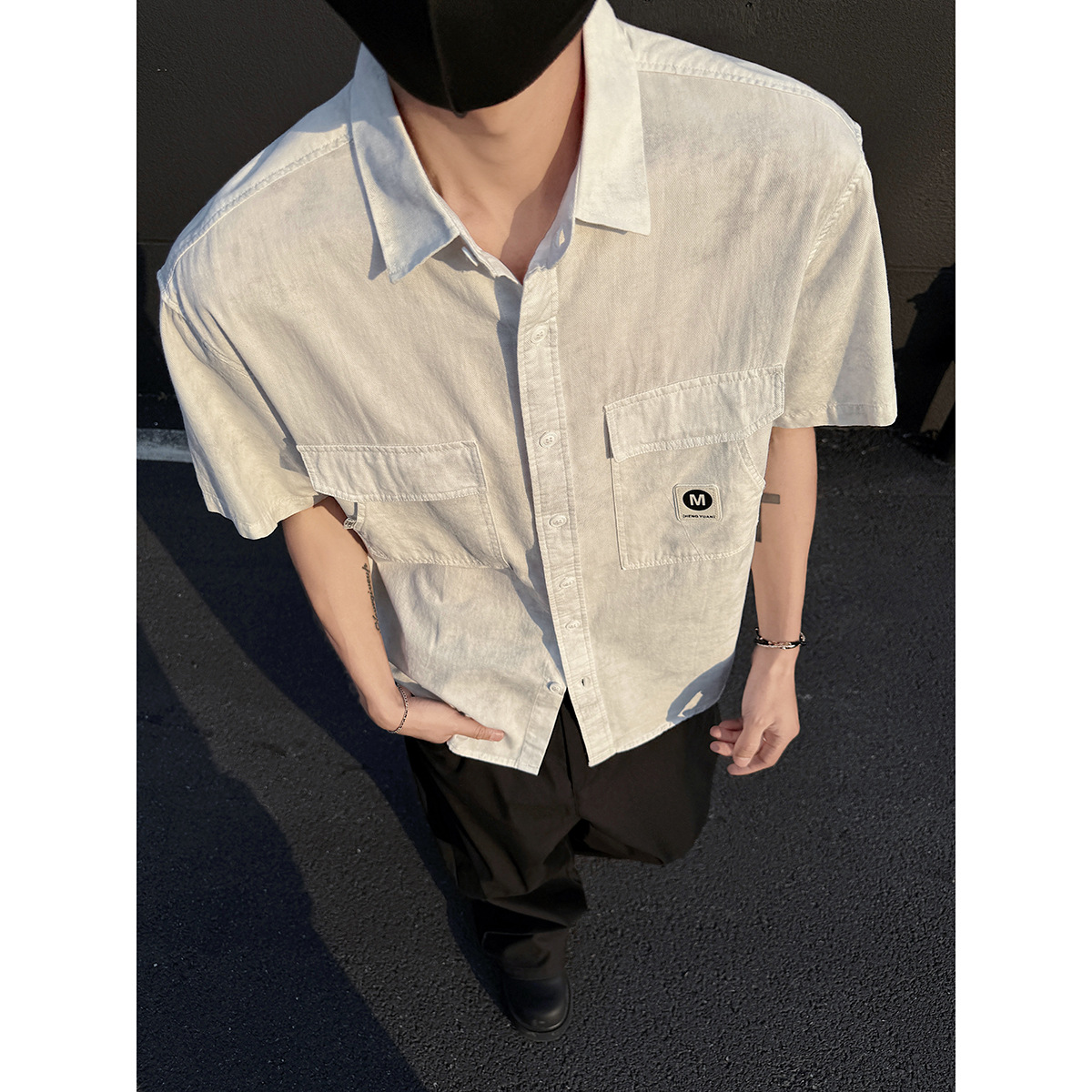 2025夏装新款短袖衬衣高品质青年衬衫双口袋贴标短袖衬衫男上衣