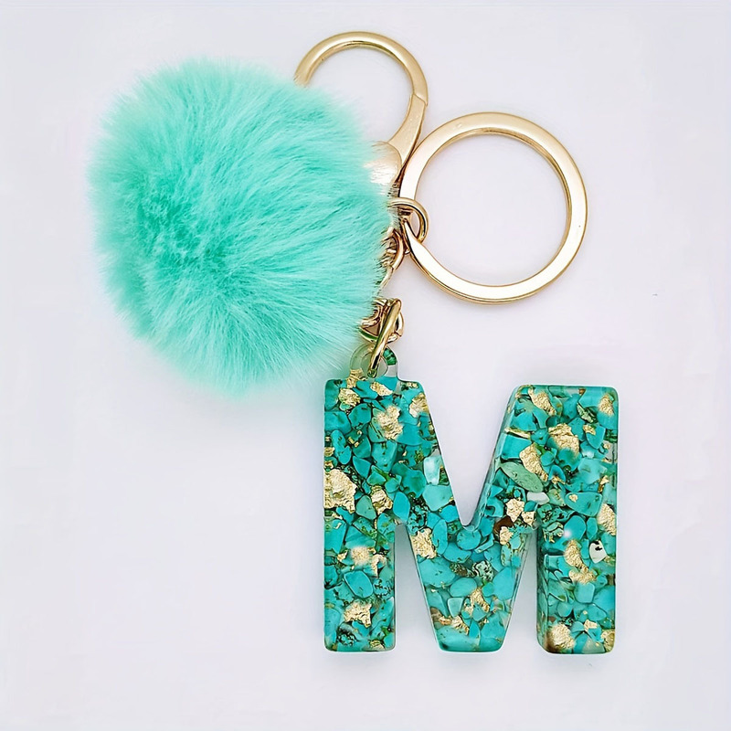 Lake Green Resin Glue English Letters Autumn and Winter Hair Ball Key Chain DIY Personalized Gift Couple Bag Car