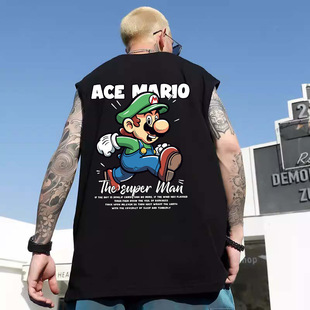 Sports Vest Men's Summer Loose Outer Wear Sleeveless T-shirt American Style plus size Boys Casual Cartoon Waistcoat