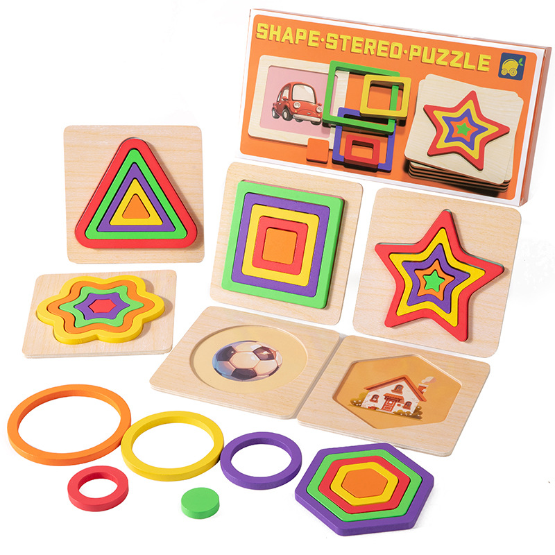 Montessori Educación temprana Rompecabezas tridimensional de madera para niños Rompecabezas de imposición Formas geométricas Cognición Juguetes para bebés y niños pequeños