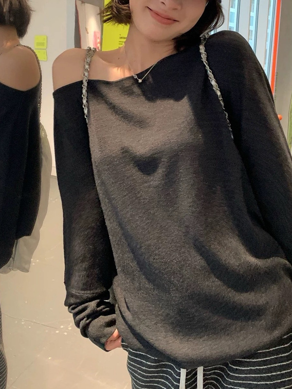 SUNONEON 宽松慵懒斜肩露肩长袖针织衫女早秋薄高级感休闲衣|undefined