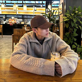 美式麦穗绞花高领开衫毛衣男款秋季高级感痞帅cleanfit针织衫外套