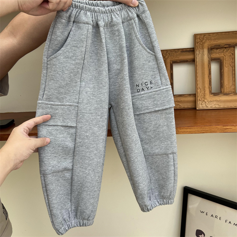 Pantaloni da lavoro e da sport per bambini autunnali 2024 per ragazzi e ragazze, tinta unita, con grandi tasche e lettere_voghion.com