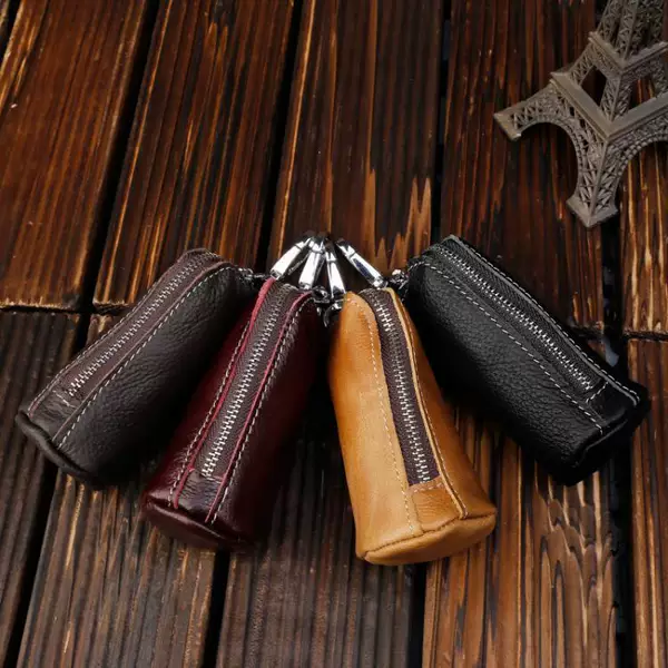 Genuine Leather Bucket-Style Key Pouch for Men and Women, with Zipper, Large Capacity, Cute and Multifunctional Car Key Holder Small Bag