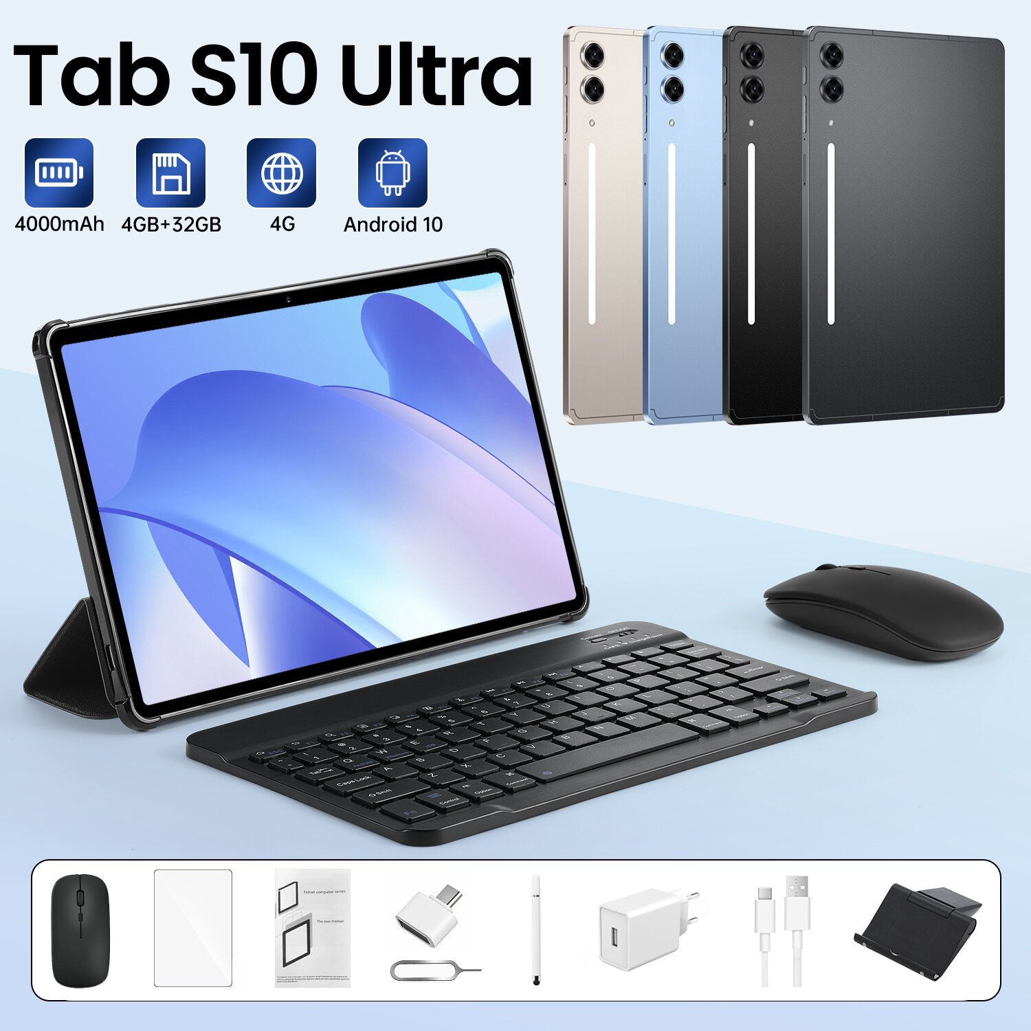 Cross-Border S10 Ultra Tablet 10.1 Inch 4+32Gb Bluetooth Keyboard Mouse Leather Case 2Sim+Wifi