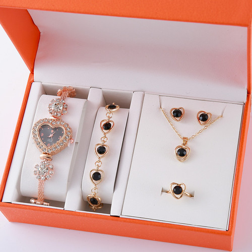 New Quartz Women's Watch High-end Niche Water Diamond Jewelry Earrings Necklace Ring Set