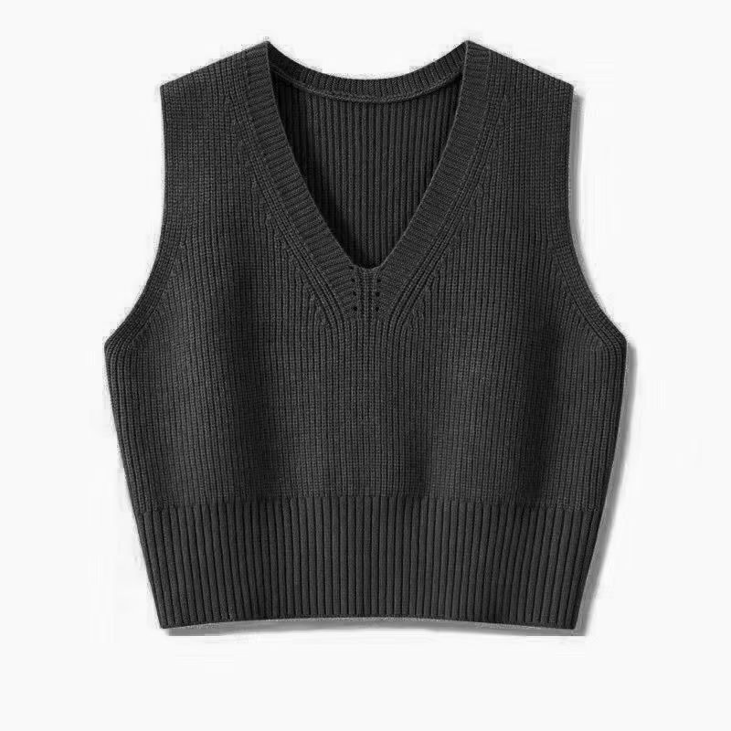Short Vest Sweater Women's Autumn and Winter New All-match Simple V-neck Loose Fashionable Solid Color Base Sweater