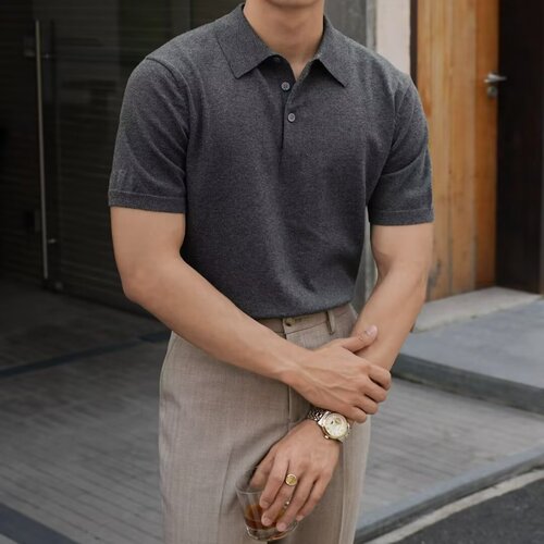 Fashion casual collar single-color polo shirt casual knit short-sleeved men's summer new breathable trendy men's T-shirt