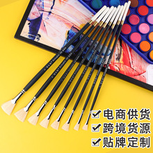 跨境猪鬃扇形油画笔套装 长杆水粉画笔培训班画室用画笔