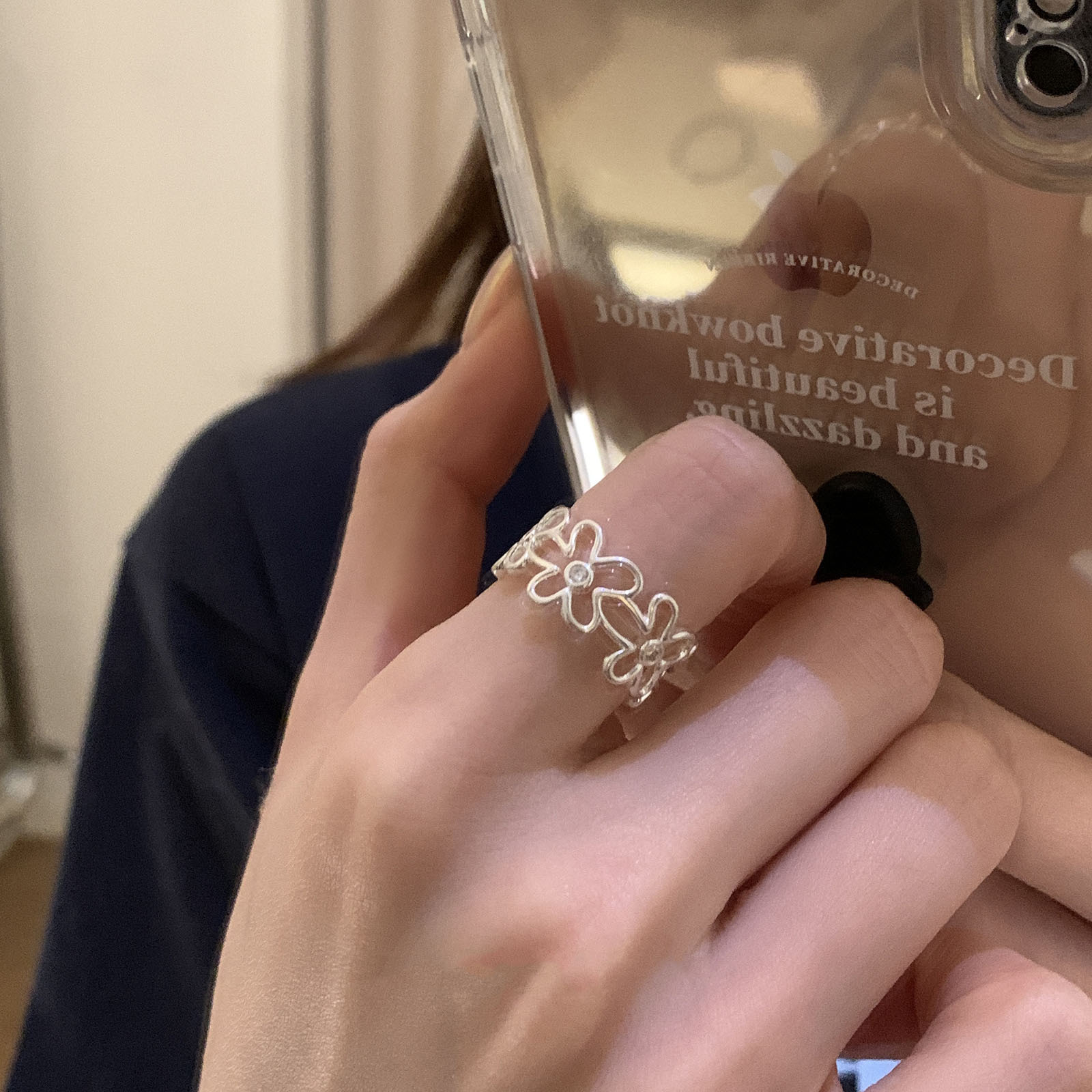 Minimalist Pure Silver Hollow Flower For Women, Simple And Unique Design, Adjustable Index Finger Ring_voghion.com