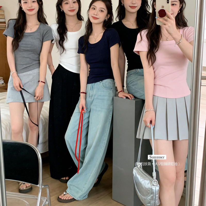 Poetic Rhythm Classic White Short-Sleeve American Retro Large Round Neck Slim Fit Modal Women's Short-Sleeve T-Shirt