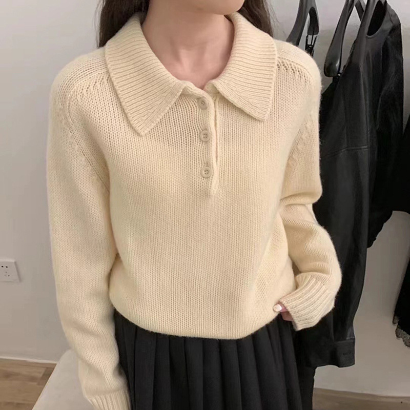 韩版软糯简约翻领针织套头毛衣女2025秋冬新款娃娃领显瘦针织衫女