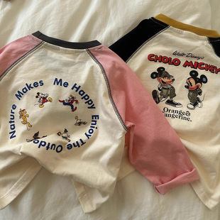 Pure Cotton Men's and Women's Kidsren's T-Shirt Long-Sleeved Tops 2025 Cartoon Mickey Casual Versatile Kidsren's Bottoming Shirts Spring & Fall