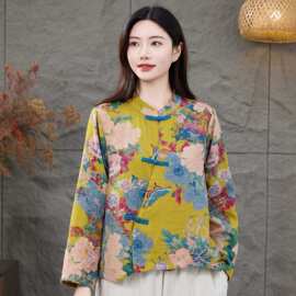 斜纹老布棉麻衬衣女2026秋季文艺范女装立领斜襟盘扣长袖宽松茶服