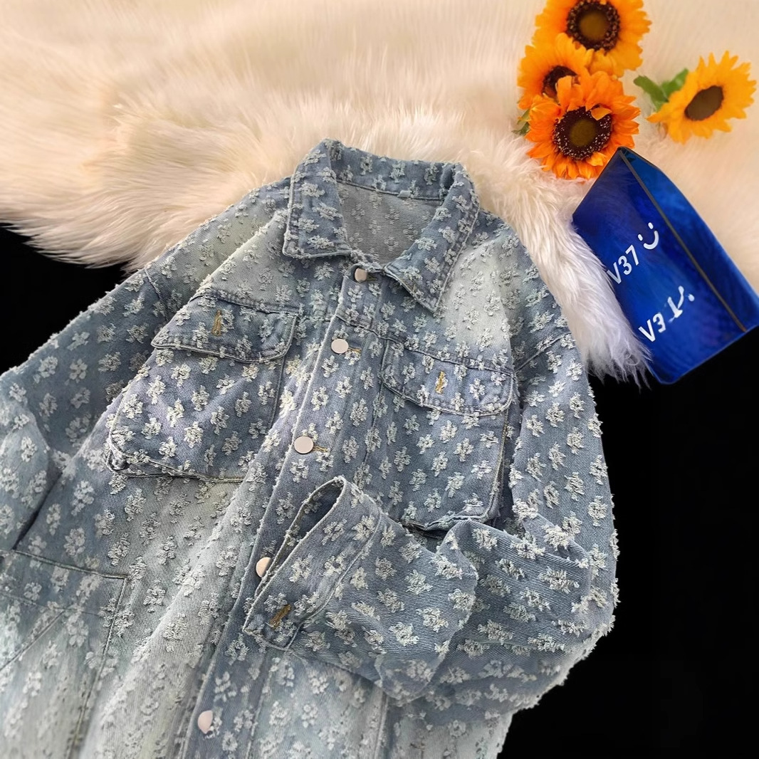 하이 엔드 자카드 데님 재킷 남자의 가을과 겨울 유행 브랜드 헤비 느슨한 재킷 2024 새로운 캐주얼 의류