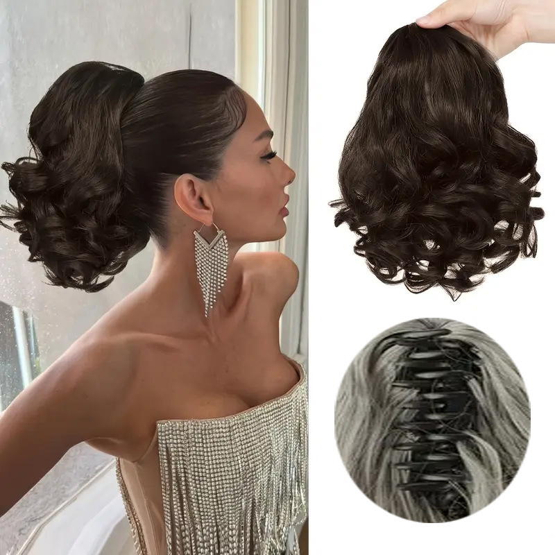 外国貿易女性用ウィッグクリップ、ショートローマンカーリーポニーテール、マルチカラー、ヘアスタイル変更、気質変更、大型クリップ、卸売|undefined