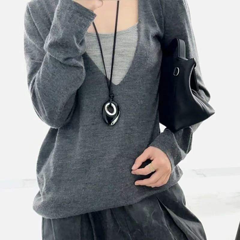 Collar colgante de ágata negra en forma de zigzag de la industria pesada, hilo de cuero ajustable de alta calidad de lujo ligero de nicho, cadena de suéter largo de moda