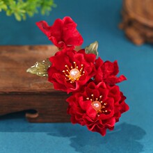 厂家批发汉服古风山茶花发夹红色喜庆边夹发饰汉服头饰新娘配饰