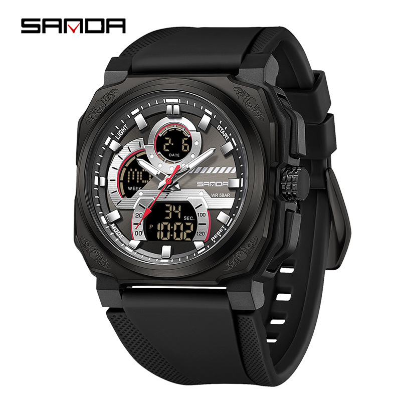 Sanda SANDA multifuncional moda juvenil doble pantalla impermeable reloj para hombre cuadrado deportes de ocio reloj electrónico para estudiantes