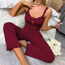 欧美风TE长裤套装家居服MU可外穿弹力蕾丝吊带舒适居家跨境女睡衣
