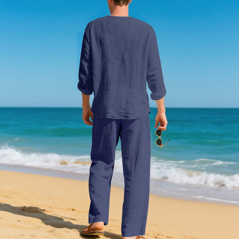Herren Leinenanzug Für Den Herbst Casual Beach V-ausschnitt Set_voghion.com