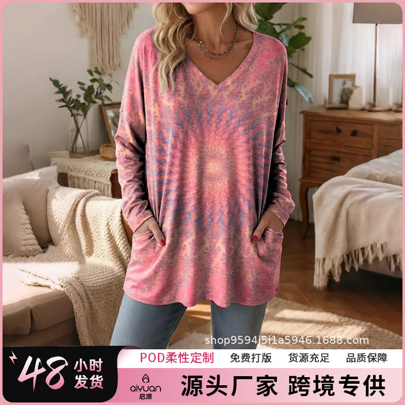 2026 New Foreign Trade Cross-Border Independent Site V-Neck Long-Sleeve Pullover 3D Digital Print Pocket Women's Top T-Shirt