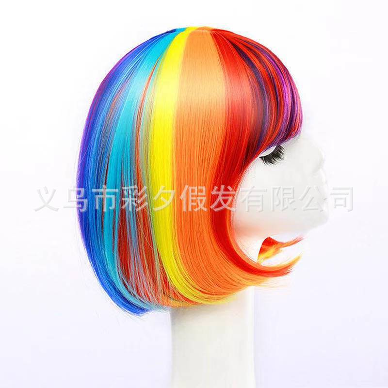 Peluca de Halloween mujer verano Arco Iris anime peluca onda colorida Pelo Corto pelo de Estudiante no convencional