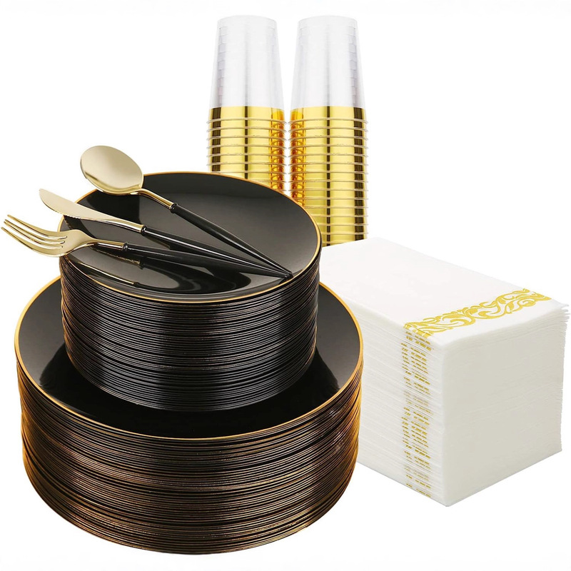 175-piece disposable tableware black golden edge plate double section knife, fork and spoon wine glass White golden edge dinner plate suit