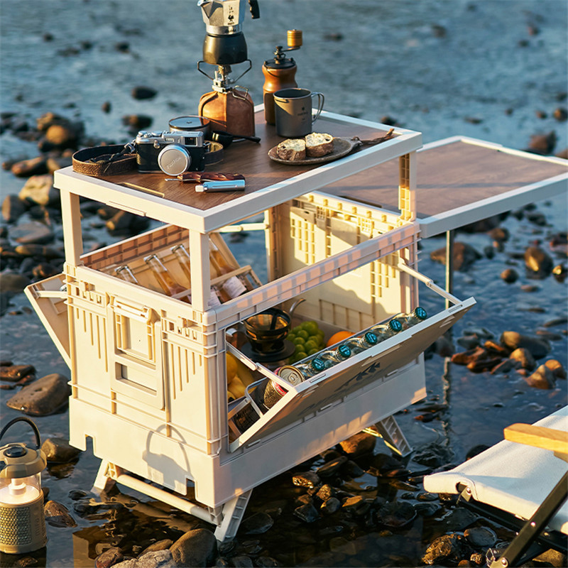 新款高品质桌板木盖可侧开口塑料折叠露营箱户外野营箱车载收纳箱