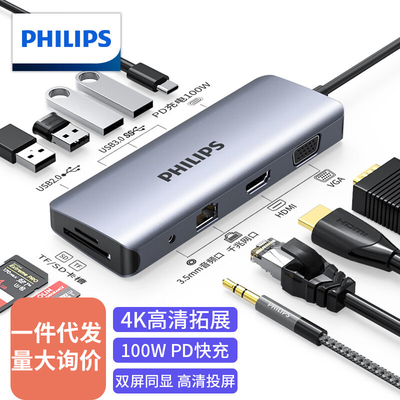 Philips Type-C Docking Station USB-C to HDMI Thunderbolt 3/4 Expansion Dock Network Cable Port Adapter Splitter
