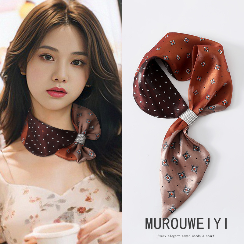 (스트리머얀) 브라운레드 다이아몬드 도트무늬 작은귀스카프 13*75cm