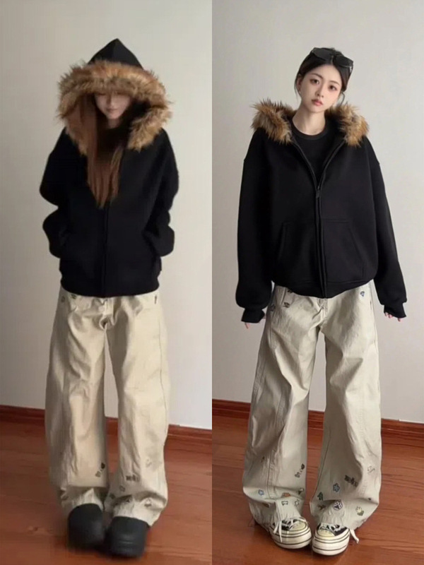 黑色显瘦毛领连帽长袖卫衣女2025秋季美式高街慵懒风外套开衫上衣|undefined