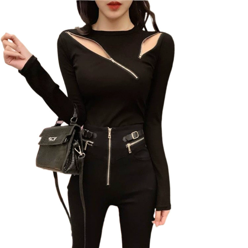 Short base body-friendly long-sleeve with zipper, Korean style, slim fit